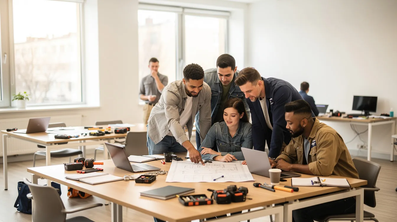 A group of apprentices is collaborating in a bright training space, engaging in discussions and activities that enhance their learning experience. This dynamic environment supports their development as they work together on their apprenticeship program, utilizing tools and resources to track their progress and manage their training effectively.