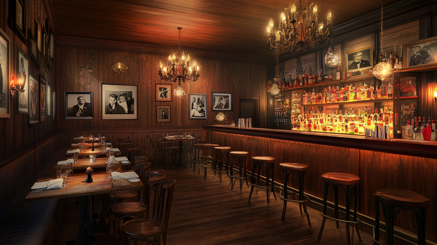 Wisconsin supper club with vintage chandeliers, polished wooden tables and classic dinnerware, a bar with liquor bottles has framed black-and-white photographs of past patrons demonstrating Wisco