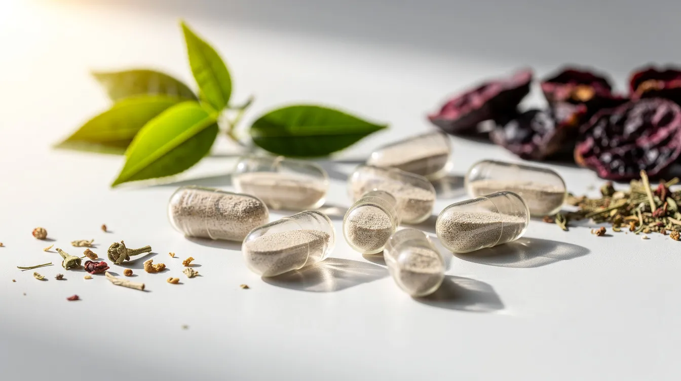 A close-up photograph showcases clear supplement capsules surrounded by organic plant ingredients such as green tea leaves and grape skins, emphasizing their potential benefits for cellular health and healthy aging. The image highlights the natural components that support energy production and overall wellness, making it an appealing choice for those seeking to enhance their daily routine.
