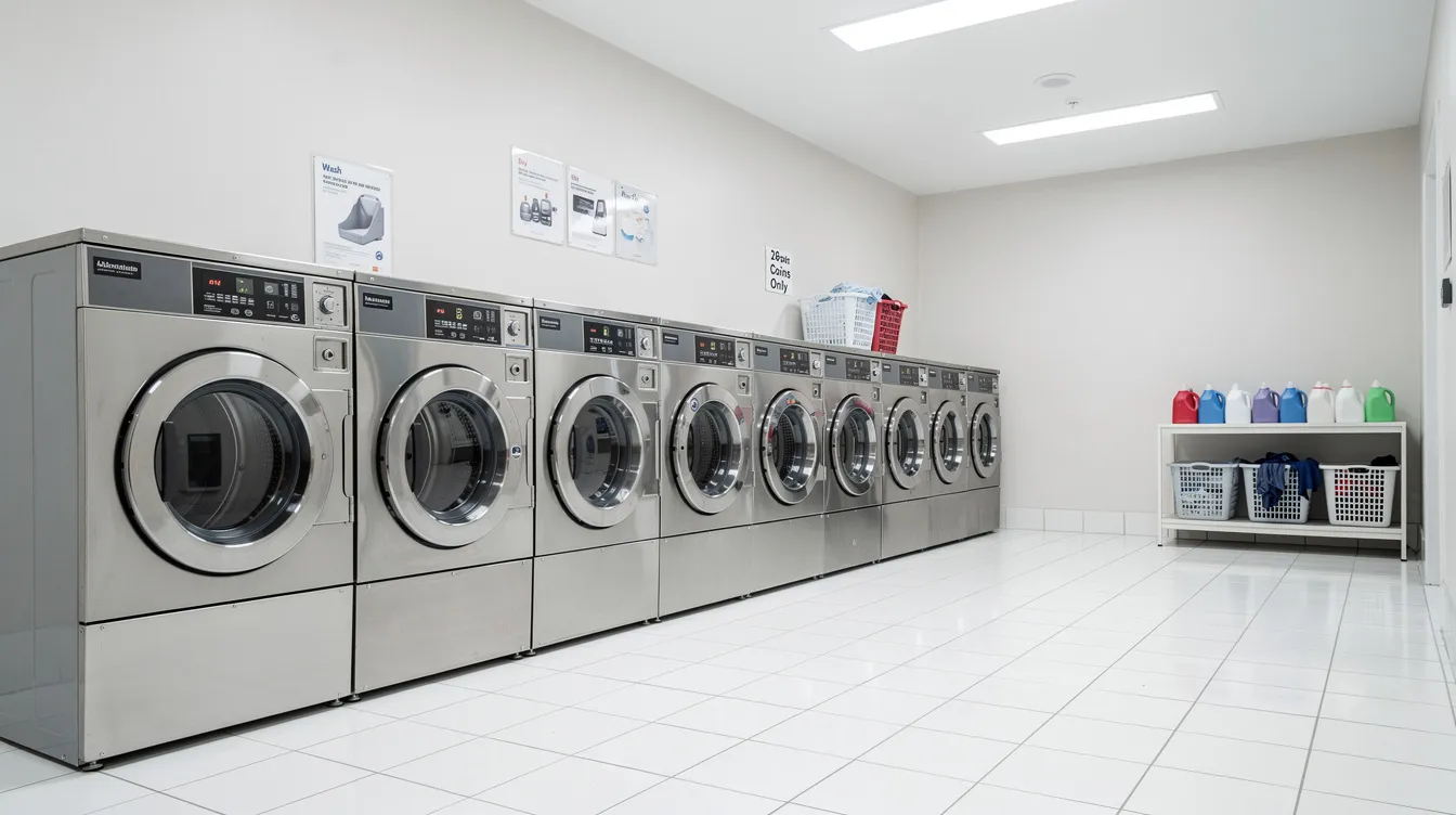 The image depicts a row of front-loading washing machines in a bright and clean self-service laundromat, providing a convenient option for travelers to wash their dirty clothes. This local laundromat offers an affordable alternative to hotel laundry services, ensuring guests can enjoy fresh, clean clothes during their stay.