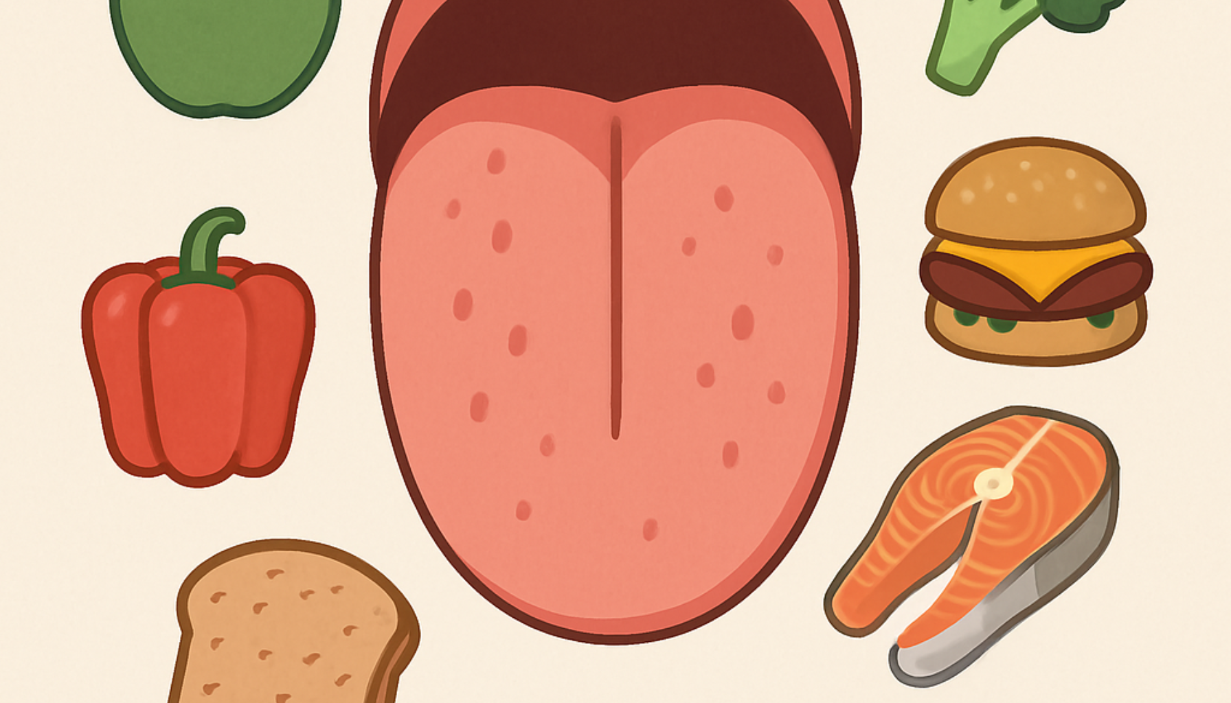 Tungehelse: Hva Tunga Forteller om Kroppen Din 16 Illustrasjon av en menneskelig tunge omgitt av ulike matvarer som eple, paprika, brød, laks, burger og brokkoli.