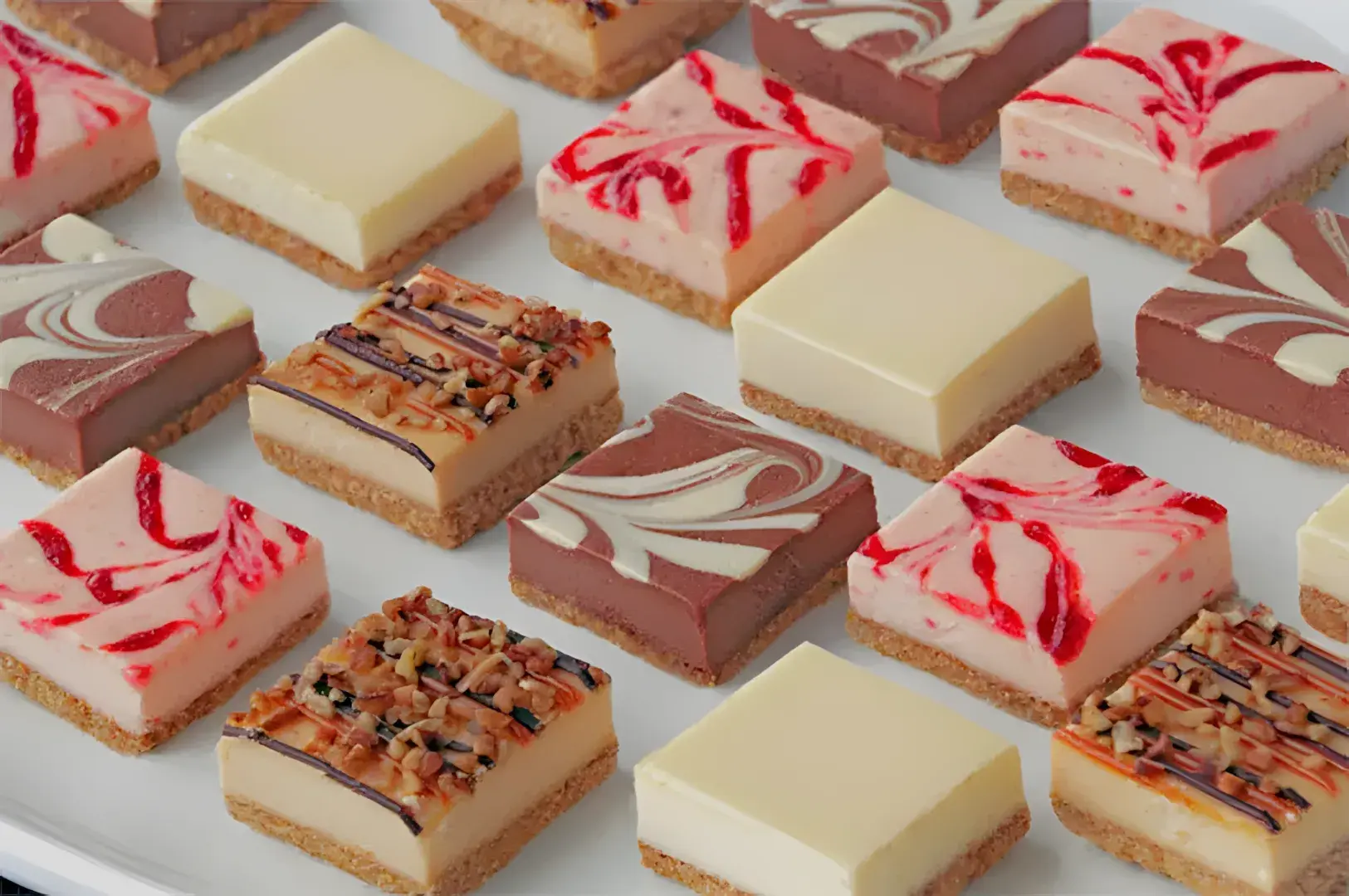 Assorted cheesecake squares on a platter feature vibrant swirls of red and chocolate, creamy shades of white, and nutty toppings, creating a decadent display.