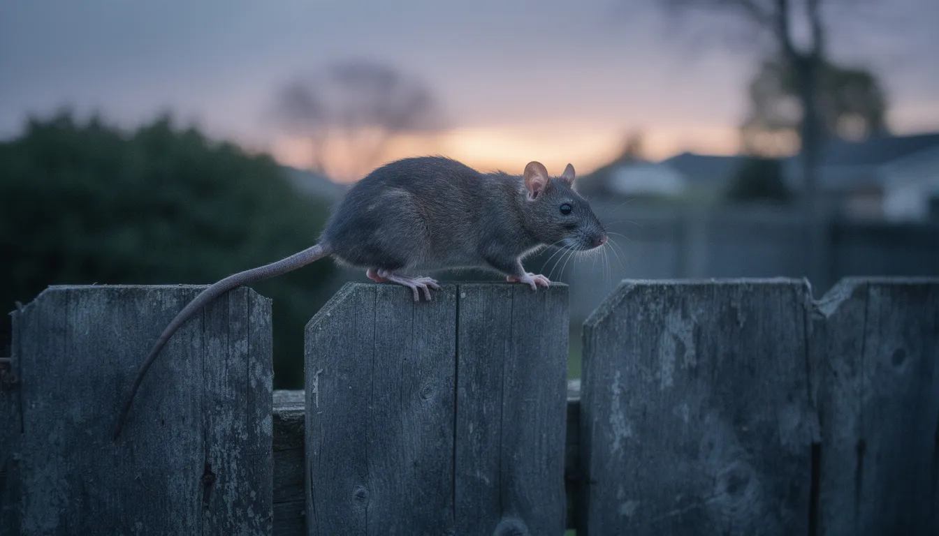 A roof rat is seen climbing along a wooden fence at dusk, showcasing its agility and stealth as it navigates its environment. This image highlights the potential for rodent infestations, emphasizing the importance of effective pest control measures to prevent future issues.