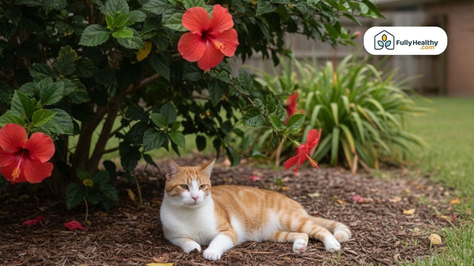Orange and white cat resting under a hibiscus plant with red flowers in a backyard garden.