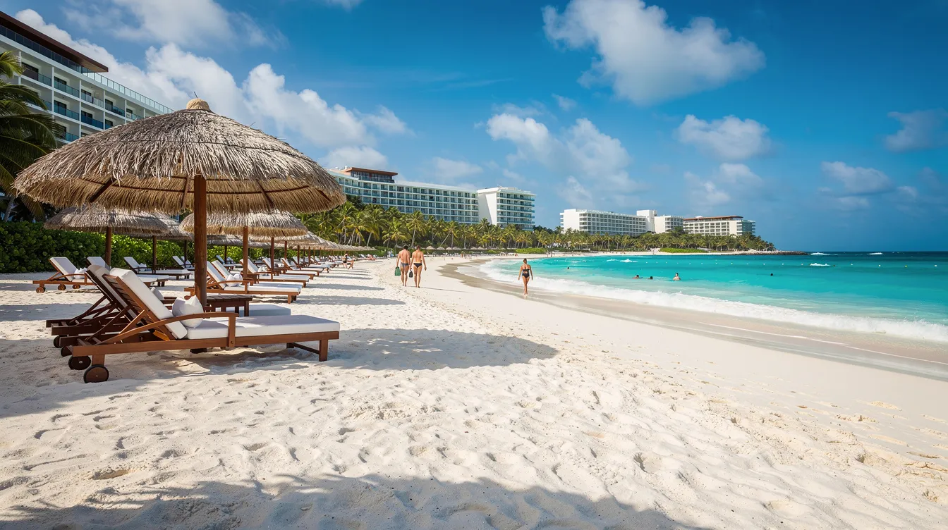 A imagem retrata uma bela praia em Cancún, com areias brancas e finas, cercada por águas cristalinas do mar do Caribe. Ao fundo, é possível ver a zona hoteleira, com seus resorts luxuosos e uma vibrante vida noturna, típica da região de Quintana Roo.