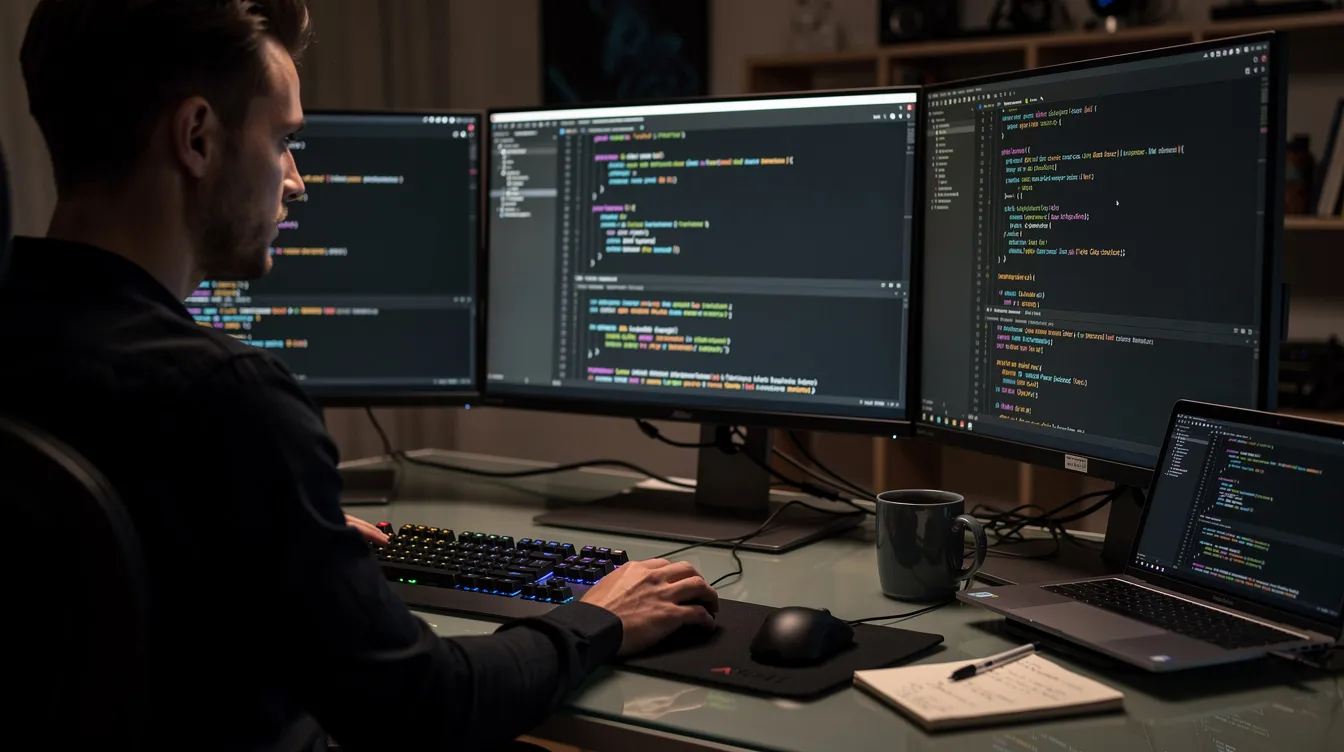 A developer is seated at a desk surrounded by multiple monitors displaying terminal windows filled with code, showcasing a workspace ideal for managing cloud infrastructure and virtual private servers. The setup emphasizes the use of various operating systems like Linux and Windows, highlighting the developer's focus on server administration and cloud services.