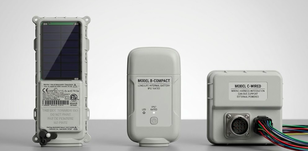 Three GPS tracker types compared side by side: solar GPS tracker, battery GPS tracker, and wired GPS tracker