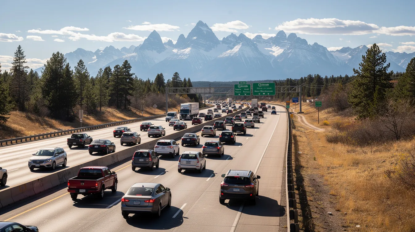 The image depicts a busy Colorado highway filled with various vehicles during daytime traffic, illustrating the hustle and bustle of daily commutes. This scene highlights the importance of having adequate auto insurance coverage, such as uninsured motorist and underinsured motorist coverage, to protect against potential accidents with uninsured drivers.
