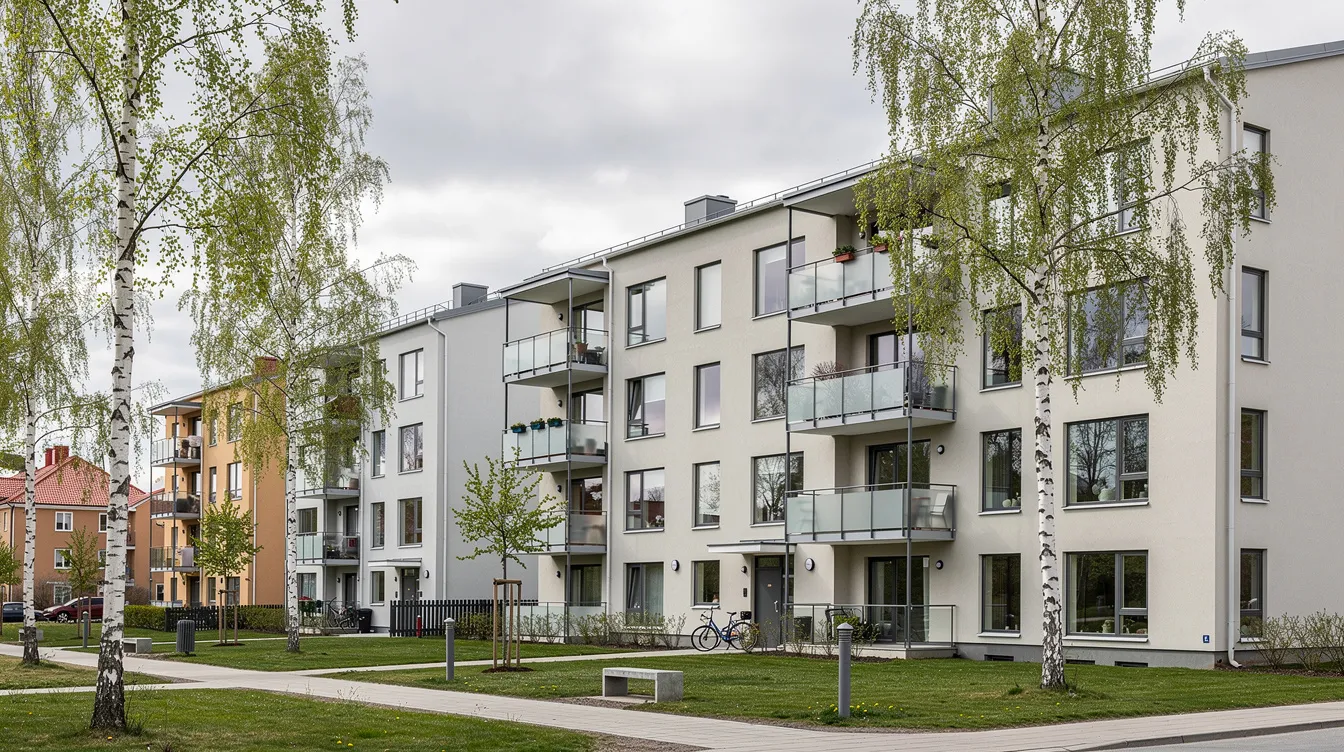 The image depicts a row of modern Swedish apartment buildings nestled among birch trees in a serene suburban setting, reflecting the contemporary housing options available in Sweden. This environment showcases the balance between urban living and nature, which contributes to the overall cost of living in Sweden, particularly for international students and expats seeking affordable housing and a high quality of life.