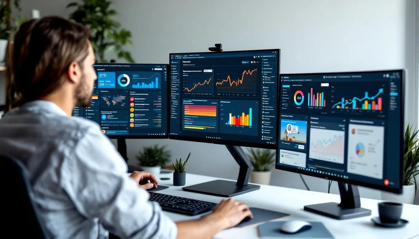 A content creator is focused on writing an SEO-optimized blog post, surrounded by multiple monitors displaying various keyword research tools. This setup highlights the importance of thorough keyword research and effective SEO strategies in improving a website's search engine rankings and driving organic traffic. A content creator is focused on writing an SEO-optimized blog post, surrounded by multiple monitors displaying various keyword research tools. This setup highlights the importance of thorough keyword research and effective SEO strategies in improving a website's search engine rankings and driving organic traffic.