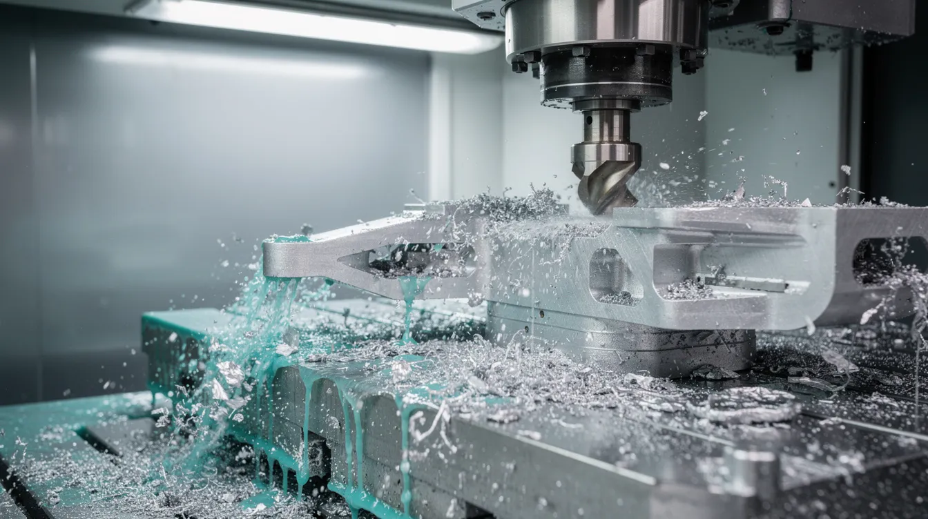 A close-up view of a five-axis CNC milling machine is shown, precisely cutting an aluminum aerospace bracket while coolant flows to maintain optimal temperatures. This image highlights the advanced manufacturing process essential for producing high-quality aerospace components in compliance with stringent industry standards.