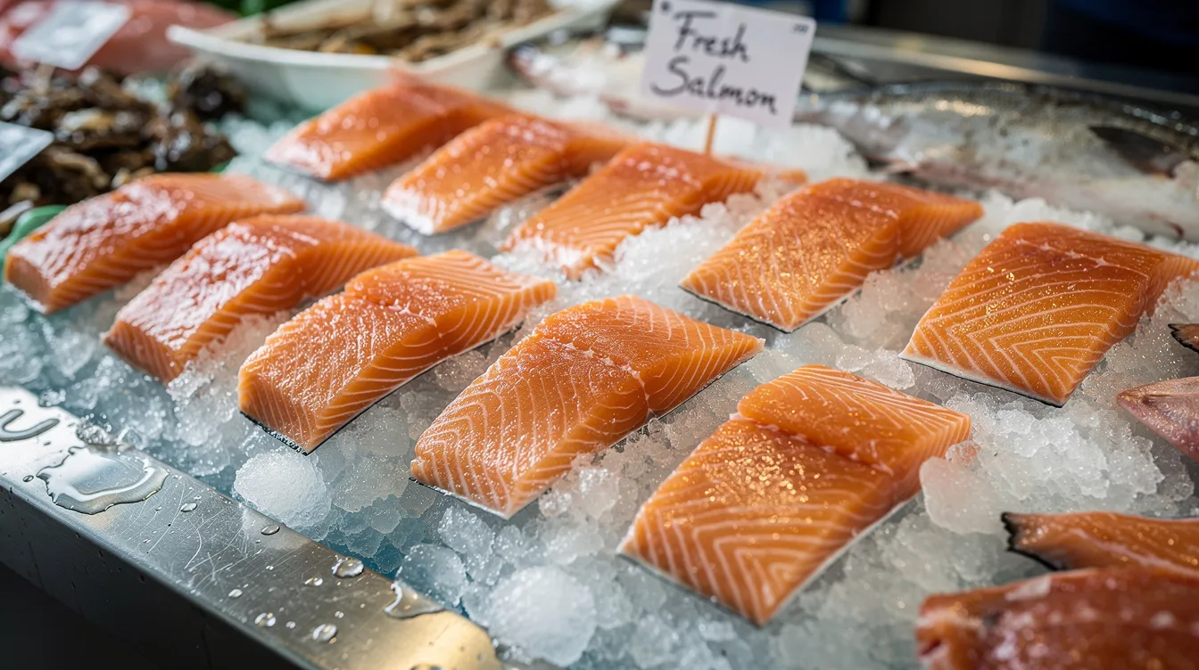 The image shows fresh salmon fillets resting on a bed of ice at a bustling fish market, highlighting the vibrant pink color of the fish, which is known for its benefits to heart health and skin health. This display emphasizes the importance of including lean meats like fish in a balanced diet for overall health and well-being.