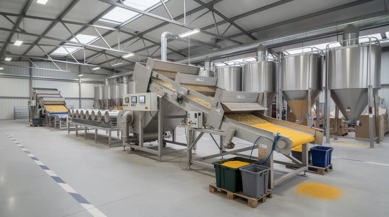 c3b5a1df f7df 49a2 a5e0 f3441512ab54 The image depicts the interior of an industrial pulses processing plant, showcasing large cleaning and grading machines alongside conveyor belts and metal hoppers, all set within a spacious warehouse environment. This facility is designed for high production capacity in the food processing industries, focusing on the efficient processing of edible seeds such as pigeon peas and other leguminous plants.