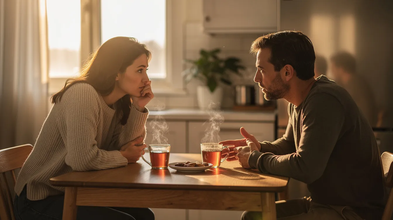 A couple is sitting at a kitchen table, engaged in a deep conversation that reflects their commitment to a healthy relationship. They maintain eye contact and open body language, demonstrating mutual respect as they discuss their feelings and relationship problems in a meaningful dialogue.