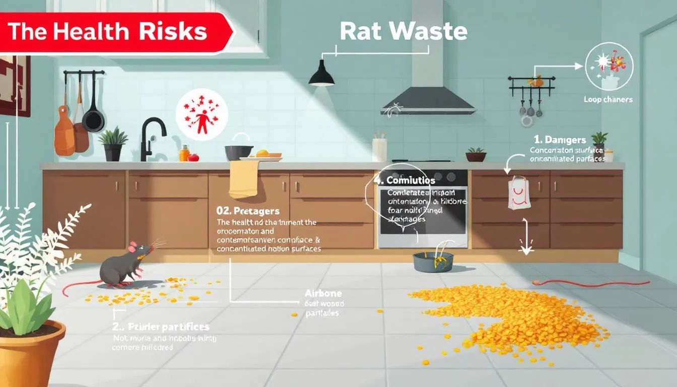 An illustration depicting the health risks associated with rat waste, including rat urine and droppings.
