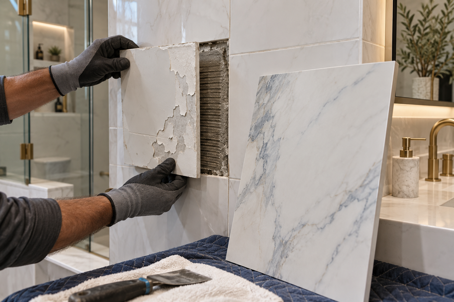 Porcelain test tiles with bonding primer, tile paint, sanding pad, and foam roller