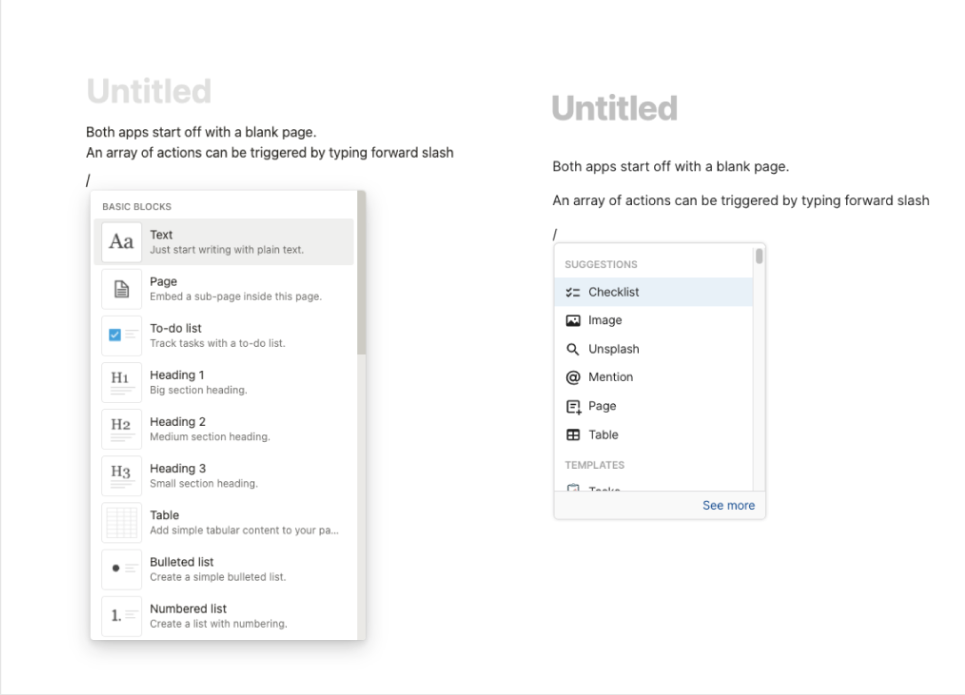 What a fresh doc looks like in Notion and Coda with the block options opened with a forward slash