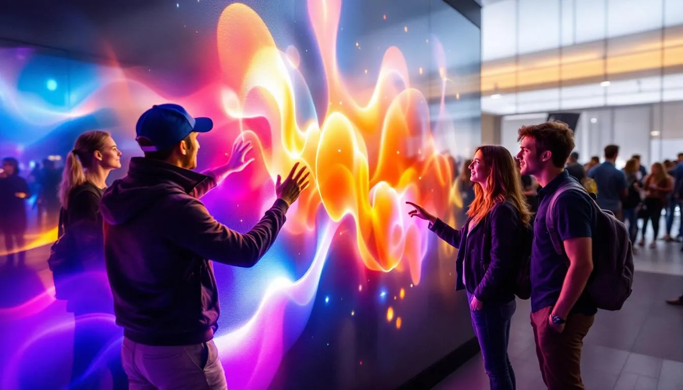 A diverse group of people interacts with a cutting-edge digital installation at a marketing event, showcasing innovative marketing strategies designed to engage the target audience. The atmosphere buzzes with excitement as attendees explore creative marketing campaigns that emphasize brand identity and social media engagement.