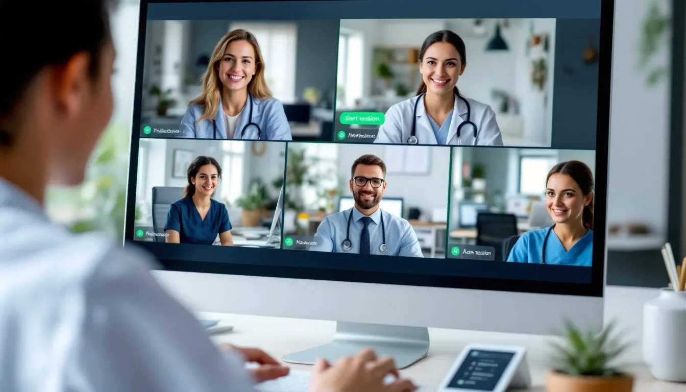 A diverse healthcare team is engaged in a virtual training session, learning about the features of a HIPAA compliant telehealth platform. They discuss improving patient care and outcomes through secure video conferencing and effective patient management strategies.
