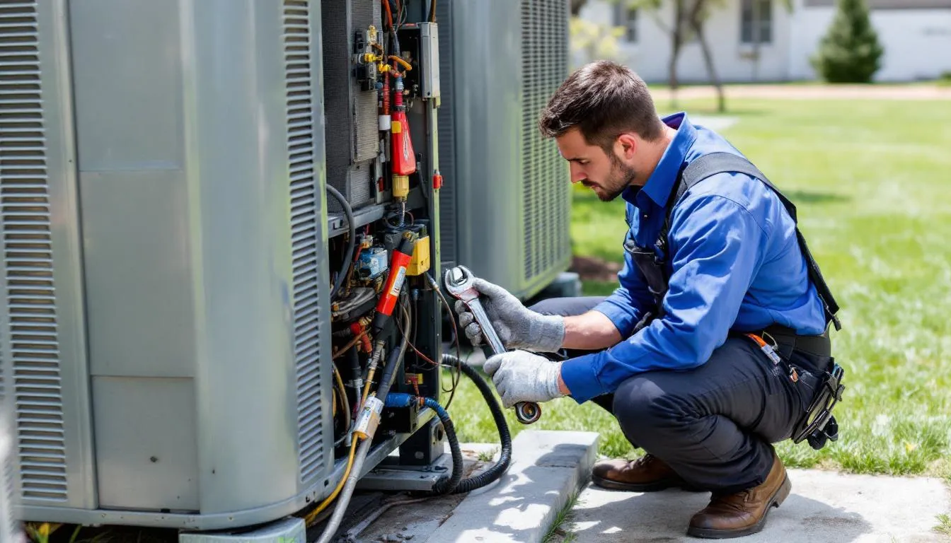 An HVAC technician is performing maintenance on an outdoor air conditioning unit, ensuring the heating and cooling system operates efficiently for optimal comfort in the home. The technician is focused on checking components to enhance energy savings and overall performance.
