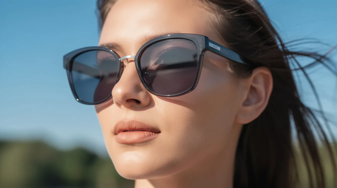 A person is wearing stylish sunglasses outdoors on a sunny day, effectively protecting their eye area from harmful UV rays. The sunglasses also complement their refreshed appearance, which may be a result of eyelid surgery or a cosmetic procedure to address drooping eyelids and enhance skin elasticity.