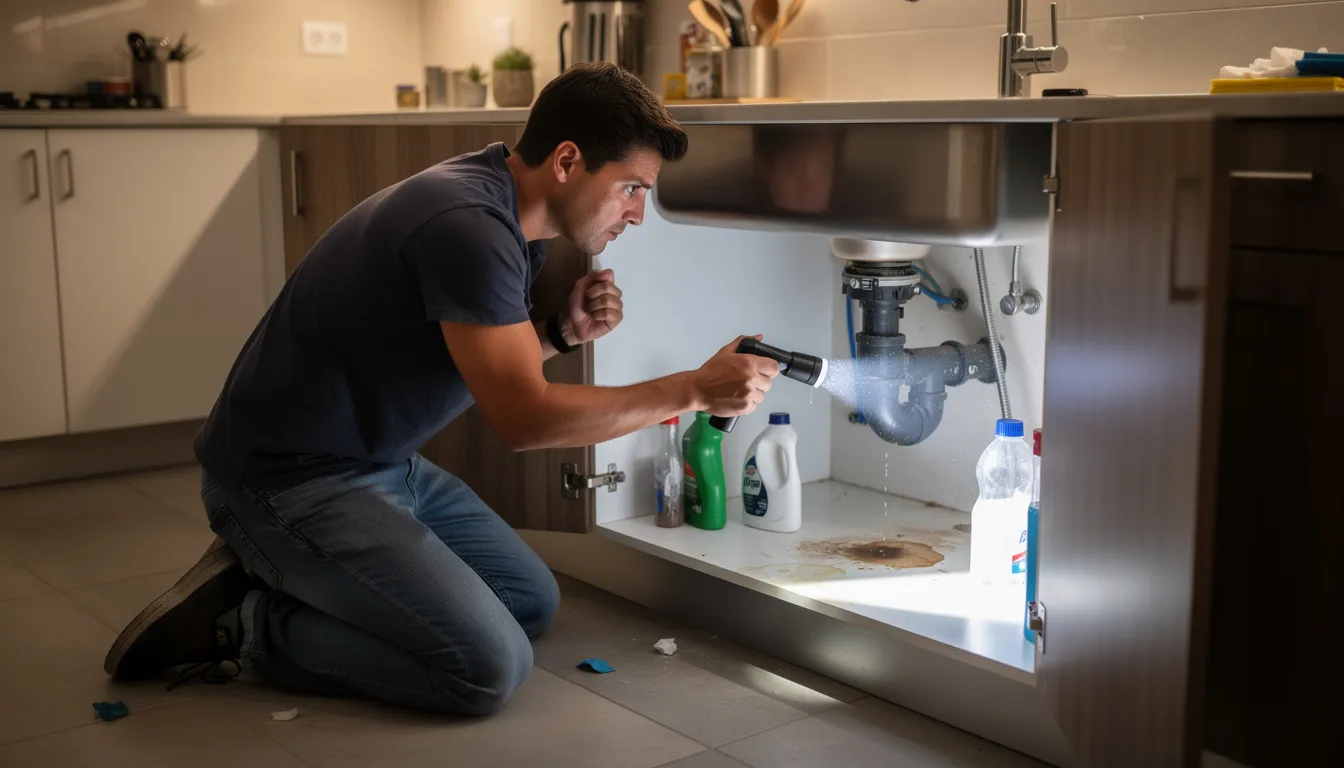 A person is crouched down with a flashlight, inspecting the dark space under a kitchen sink cabinet for signs of mold growth, which can include black mold and other types of indoor mold. This inspection is crucial for identifying potential health risks such as mold exposure, which can lead to allergic reactions and asthma symptoms.