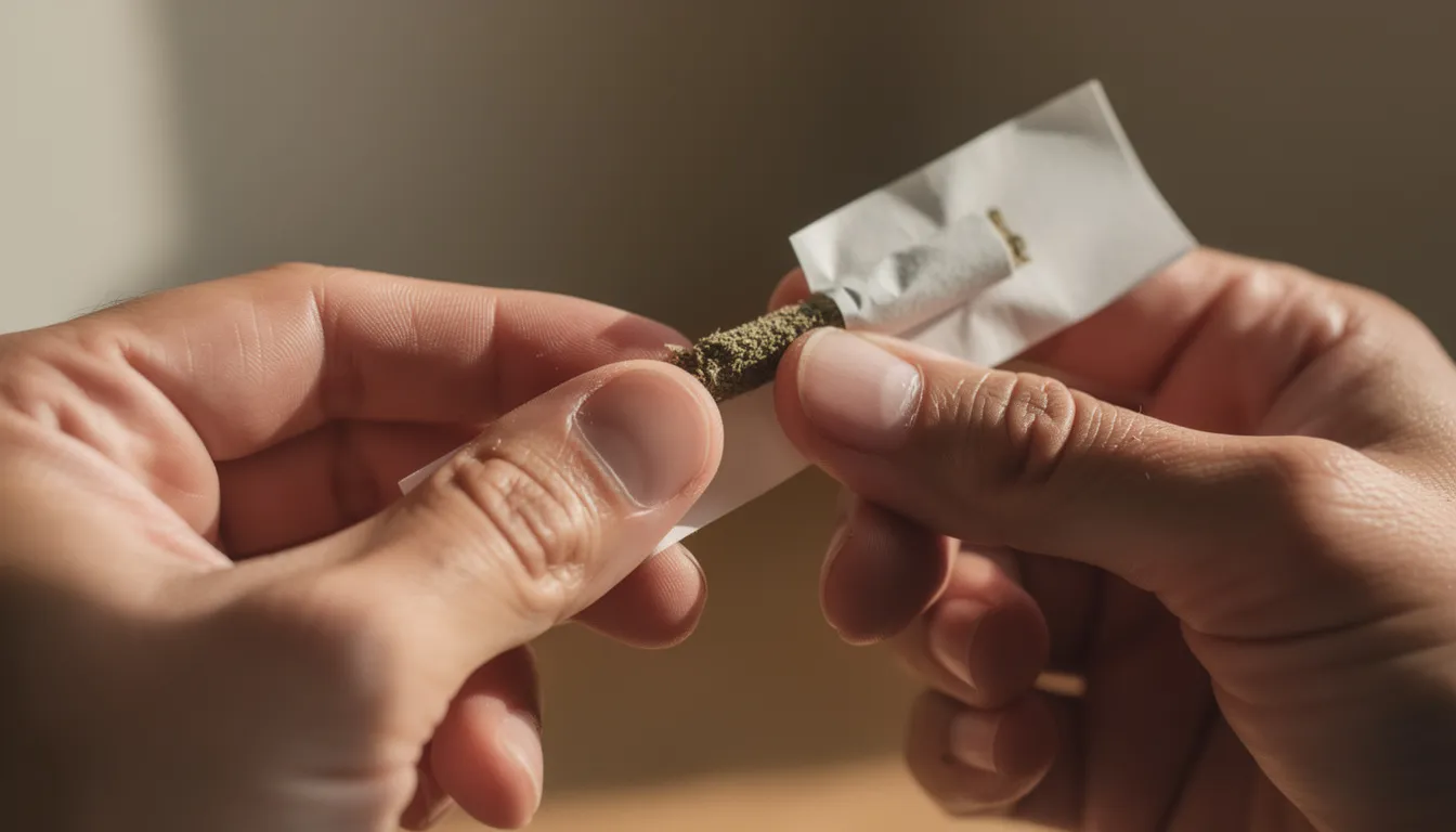 Ein Nahaufnahmebild zeigt Hände, die sorgfältig einen Joint drehen, während das Papier und der Filter deutlich sichtbar sind. Diese Technik ist entscheidend für das Raucherlebnis und erfordert Übung, um den Joint richtig zu formen und Fehler zu vermeiden.