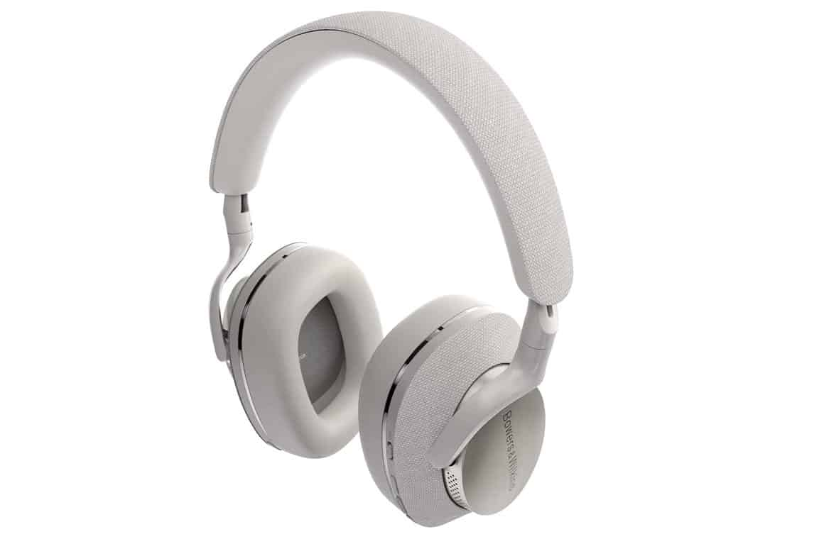 Stylish white Bowers and Wilkins PX7 headphones featuring noise-cancellation technology, over-ear design, and high-quality audio performance for an immersive listening experience.