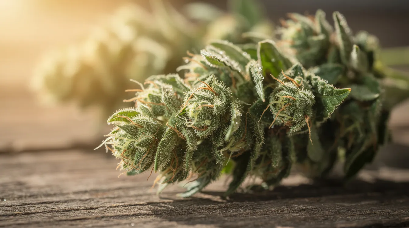 A close-up photograph showcases raw green hemp flower buds adorned with visible trichomes, resting on a wooden surface illuminated by natural sunlight. This image highlights the beauty of hemp-derived THCA products, which are legal in North Carolina under federal law, provided they contain no more than 0.3% delta-9 THC.