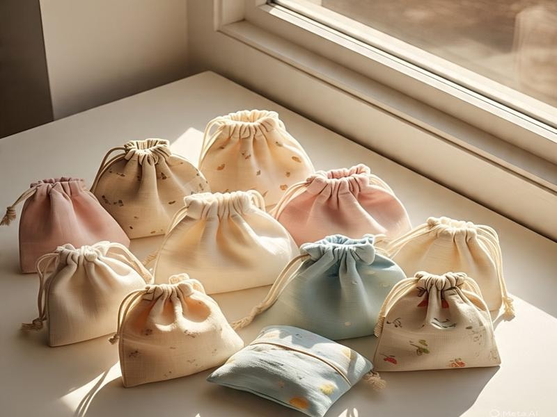 An image showing a collection of small pastel-colored drawstring muslin fabric bags neatly arranged on a white surface near a window. 