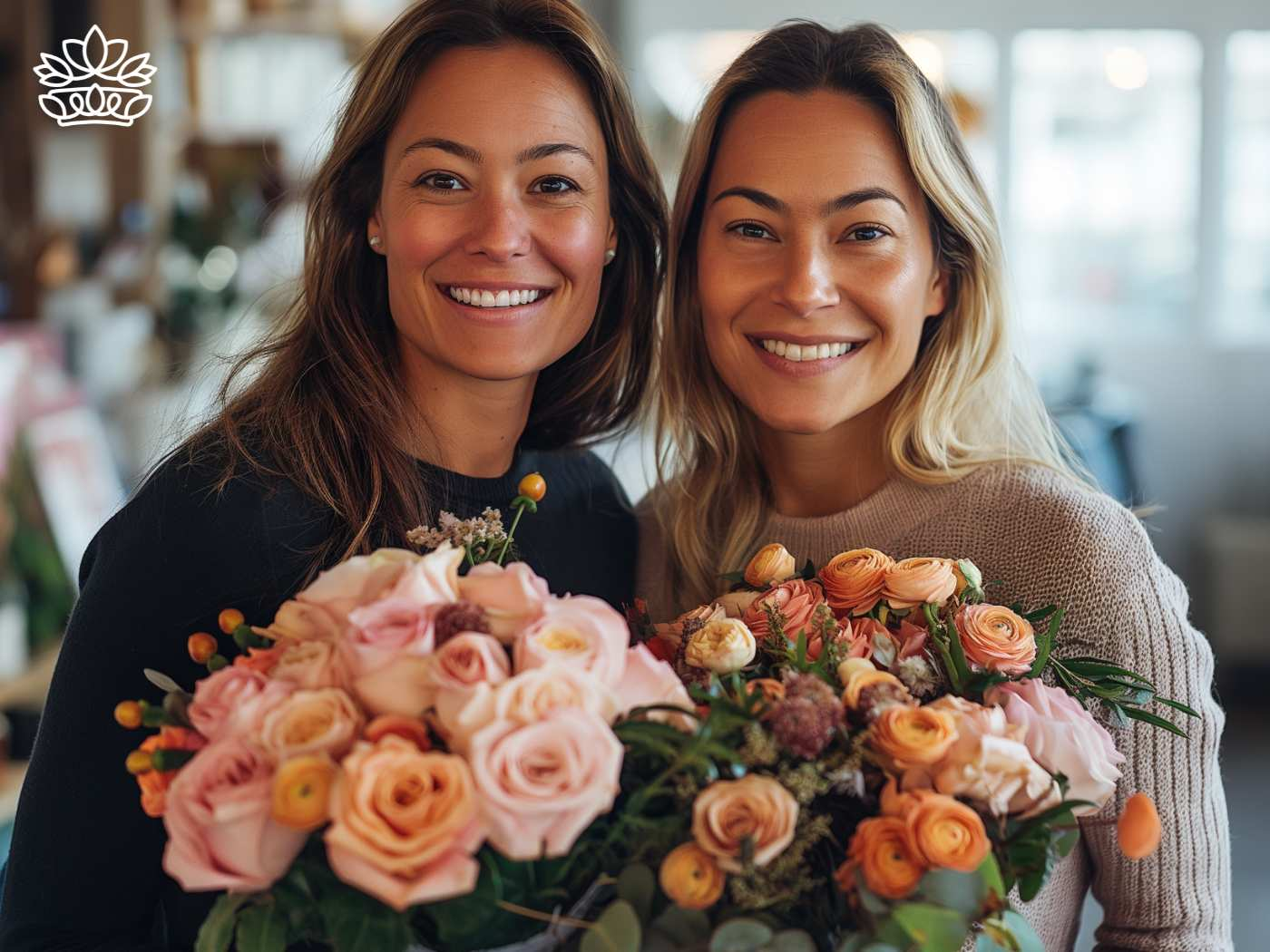 Two joyful women holding a stunning bouquet of peach and pink roses, celebrating a special moment with the Cape Town Gift Delivery Collection by Fabulous Flowers and Gifts. Order gift baskets, gift hampers and blooms for timely delivery and wonderful service.