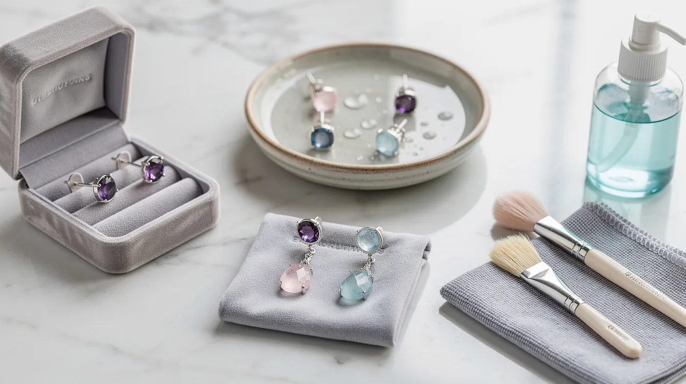 The image depicts a collection of handcrafted semi-precious gemstone earrings, including stud earrings featuring vibrant colors like blue lapis lazuli, purple amethyst, and green peridot. These unique pieces, made with sterling silver, are arranged elegantly, showcasing their beauty and style for various occasions.