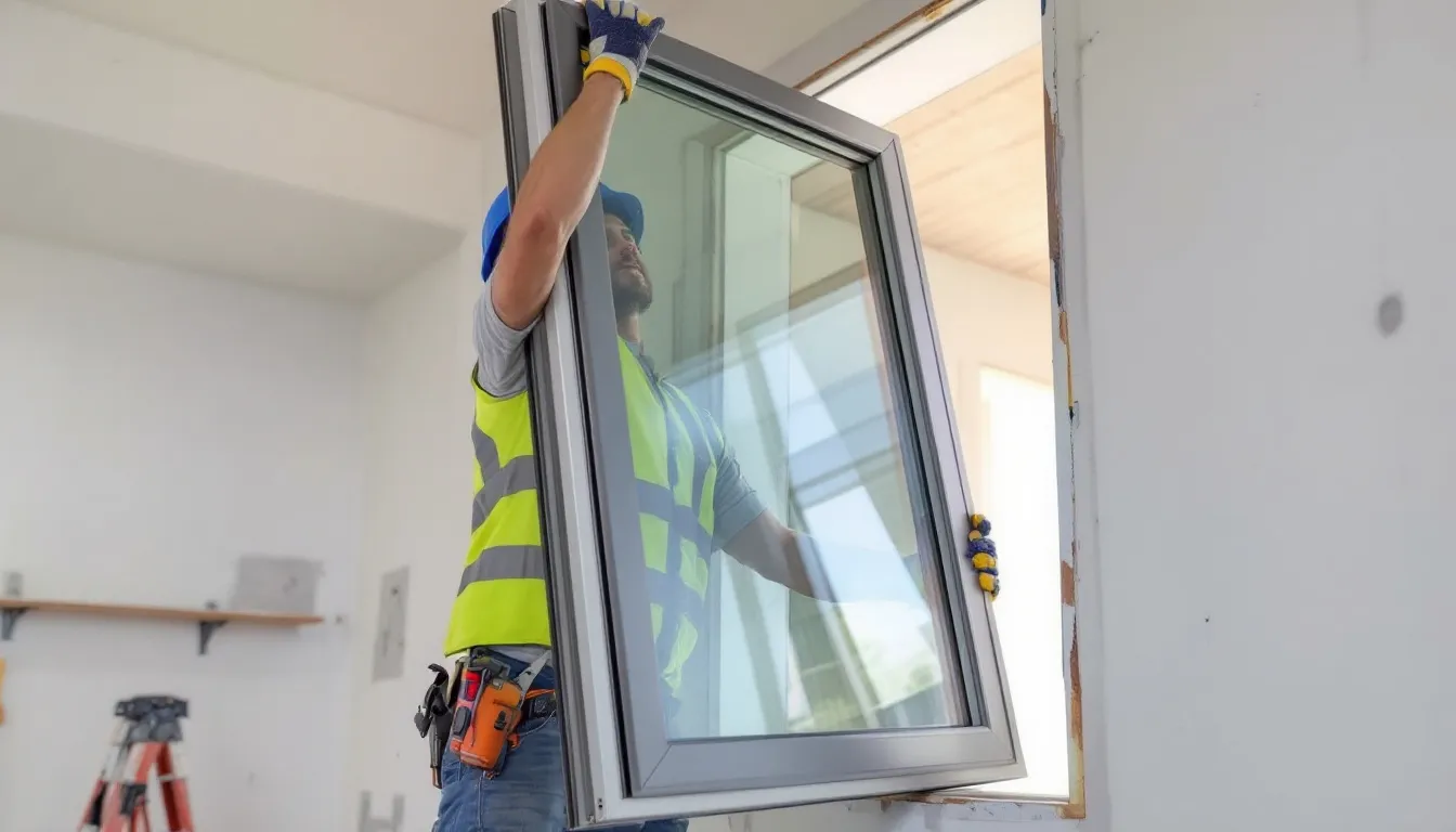 Een monteur is bezig met de professionele installatie van een dubbel glas kozijn, waarbij hij zorgvuldig het nieuwe kunststof kozijn plaatst voor optimale isolatie en betere energie-efficiëntie. De installatie benadrukt de aandacht voor detail en de hoge isolatiewaarde van het gebruikte glas.