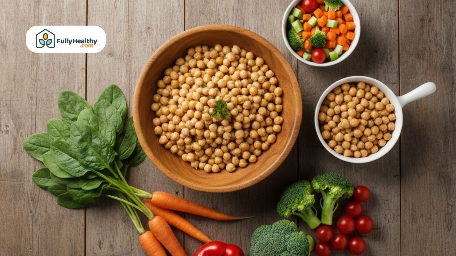 Bowl of cooked chickpeas surrounded by fresh vegetables on a wooden table.