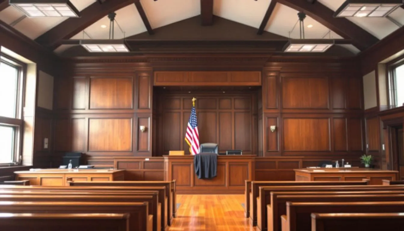 A Minnesota probate court, where estate matters are addressed, featuring a formal setting with a judge's bench, legal documents, and attorneys discussing the probate process. This environment is crucial for families and individuals navigating their estate planning journey and ensuring their loved ones are cared for.
