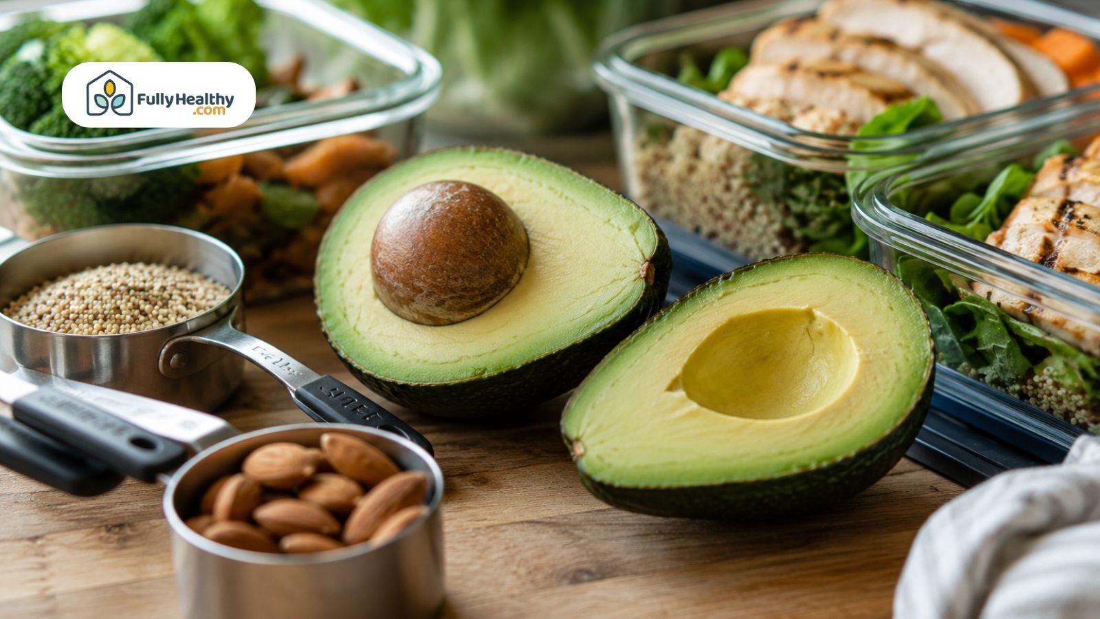 Avocado meal prep containers with natural kitchen lighting.