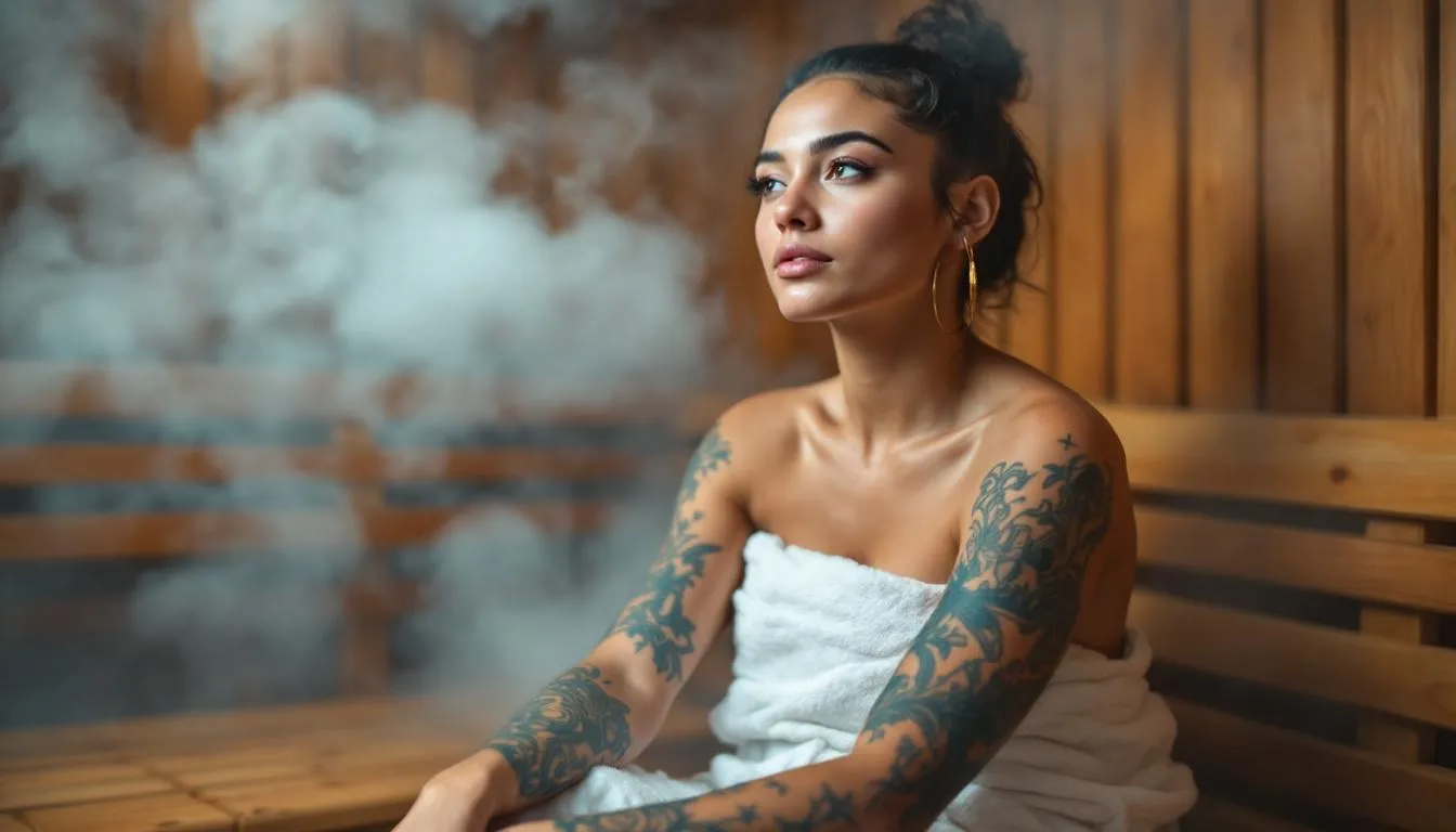 A sauna setting with a blurred focus on a person with a fresh tattoo, emphasizing the risks of using a sauna with a fresh tattoo.