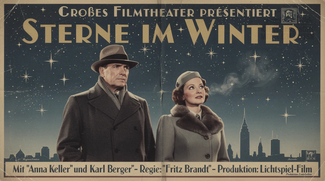 Das historische Kinoplakat im Stil der 1940er-Jahre zeigt einen Mann und eine Frau in winterlicher Kleidung, die vor einem funkelnden Sternenhimmel stehen. Die Art-Déco-Schrift und das nostalgische Design erinnern an die Klassiker wie "It's a Wonderful Life", die von Frank Capra inszeniert wurden.