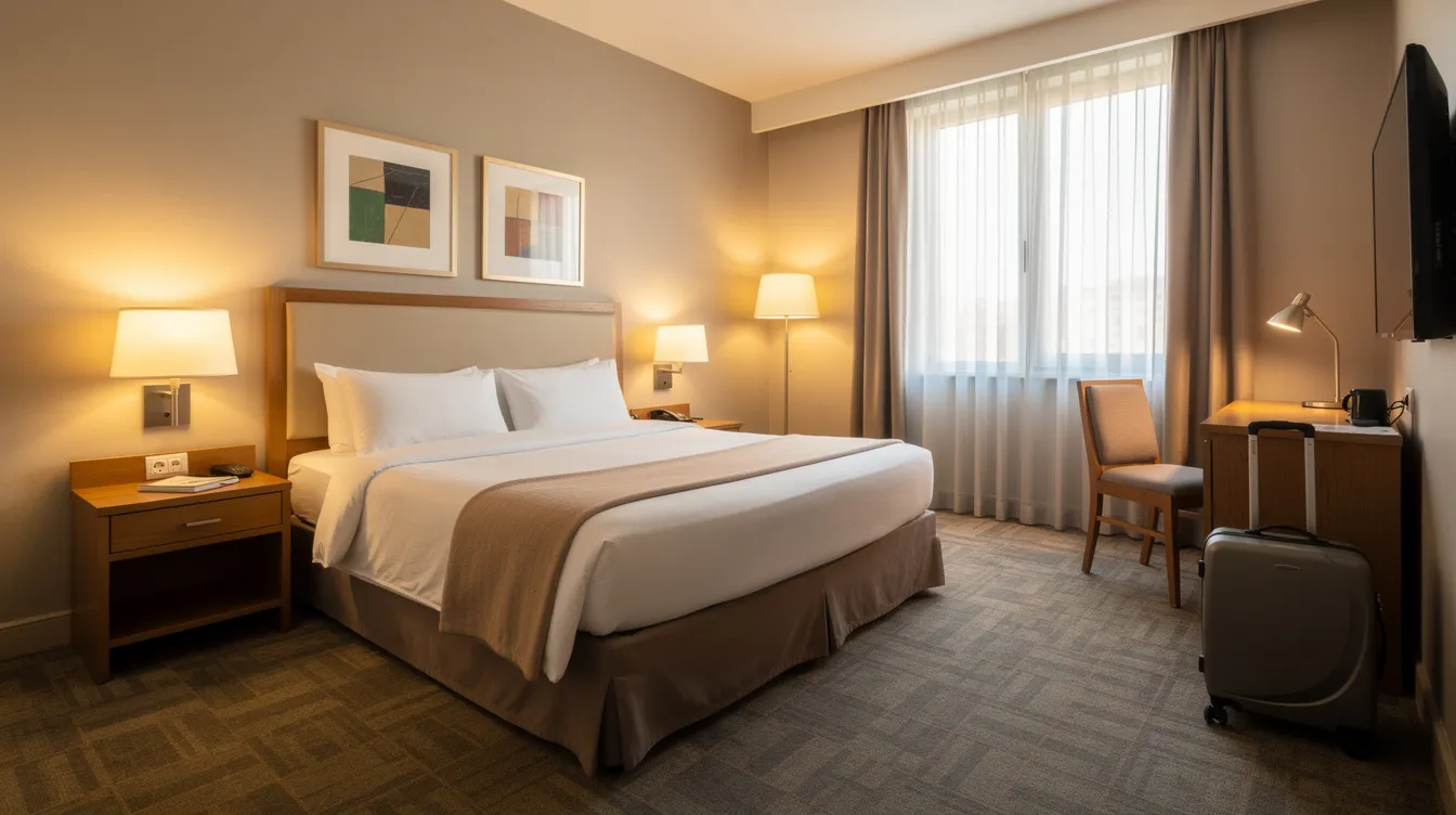 c3c5029b 097a 4bf1 b547 a3e22db0609e The image depicts a well-furnished mid-range hotel room featuring a neatly made bed and warm lighting, creating a welcoming atmosphere for hotel guests. This inviting space reflects effective pricing strategies and hotel revenue management solutions aimed at boosting revenue through enhanced guest satisfaction.