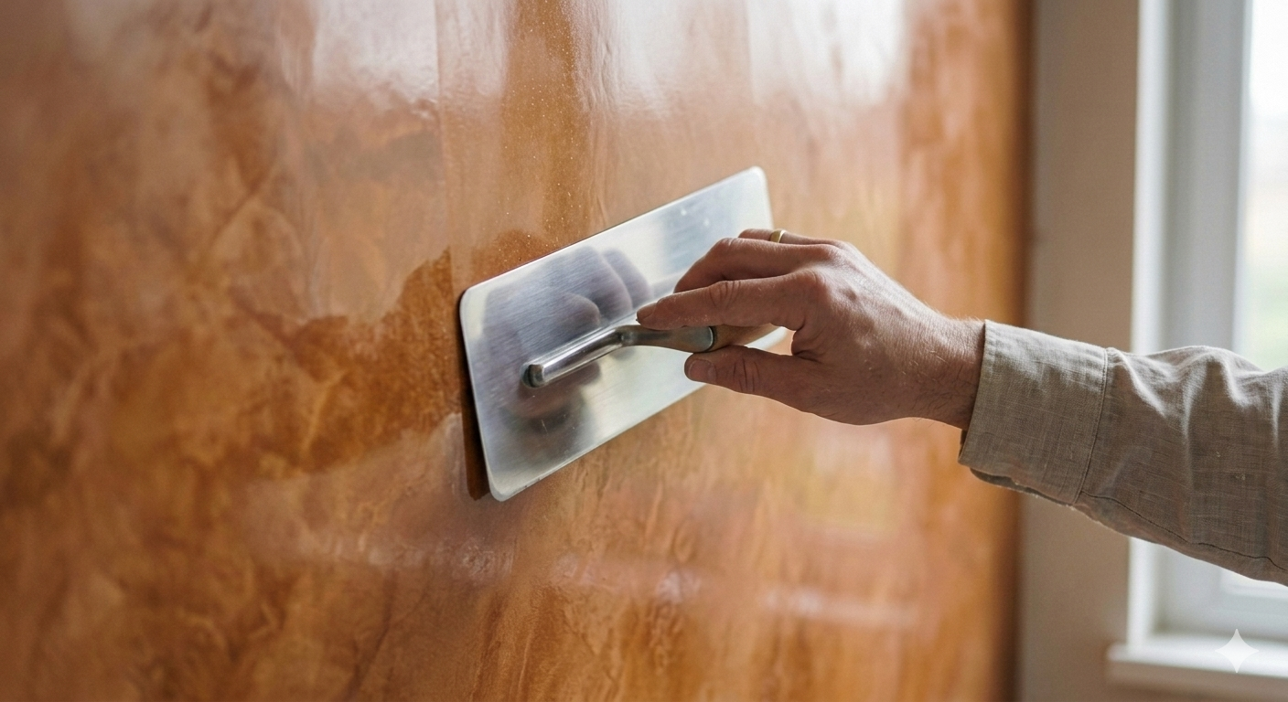 Using the trowel to achieve a high polished venetian plaster.