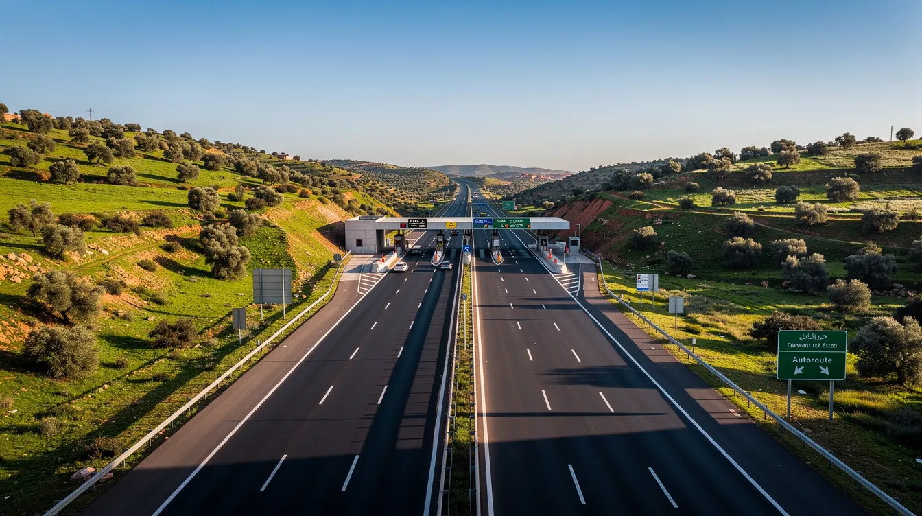 A modern toll highway in Morocco extends into the distance, flanked by lush green hills, offering a scenic route for travelers. This highway is ideal for those planning a Moroccan adventure, potentially utilizing car rental services from Casablanca for a comfortable journey through the picturesque landscape.