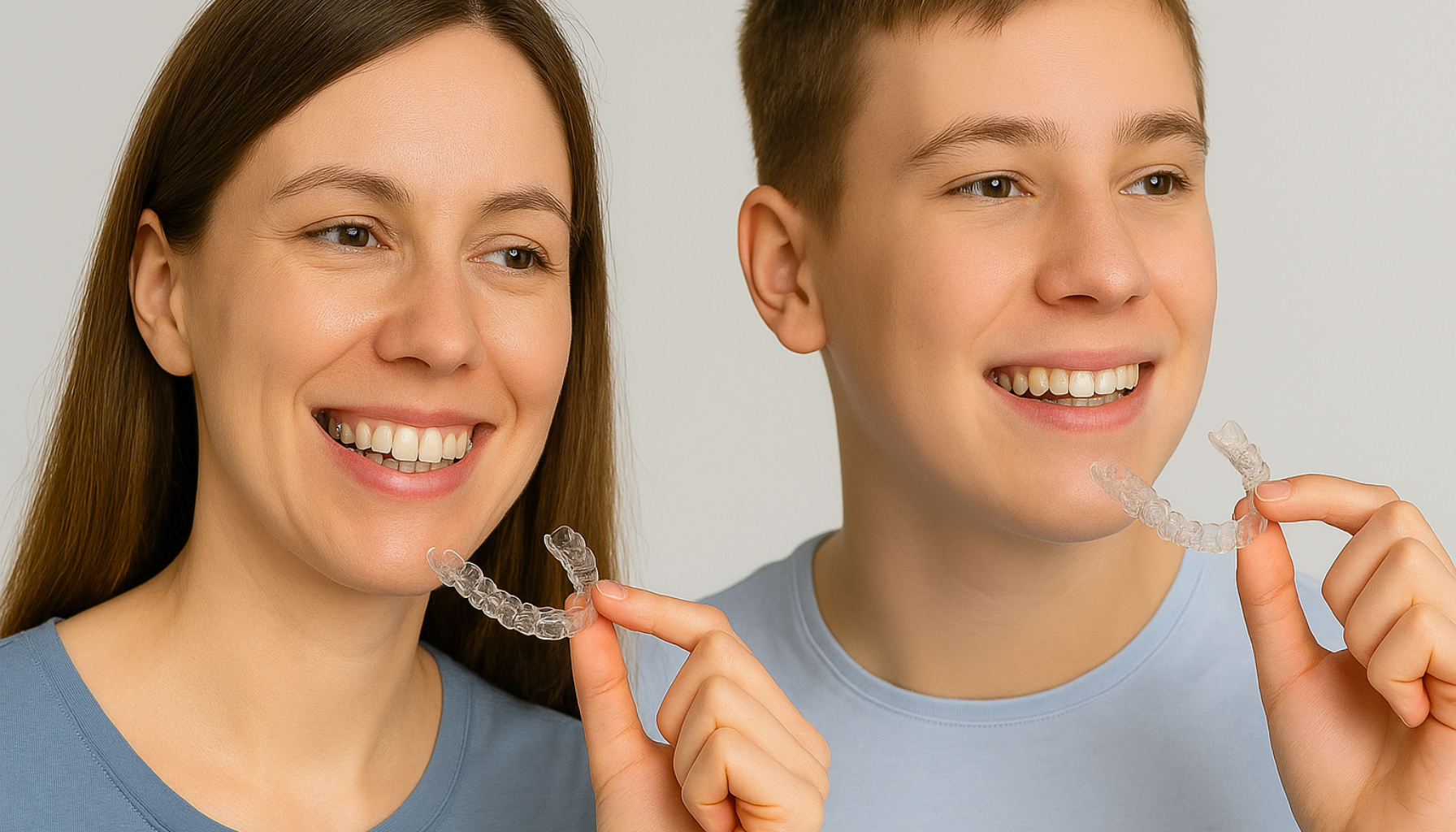 Invisalign – Usynlig tannregulering for voksne og ungdom 5 Kvinne og tenåring holder gjennomsiktige tannskinner.