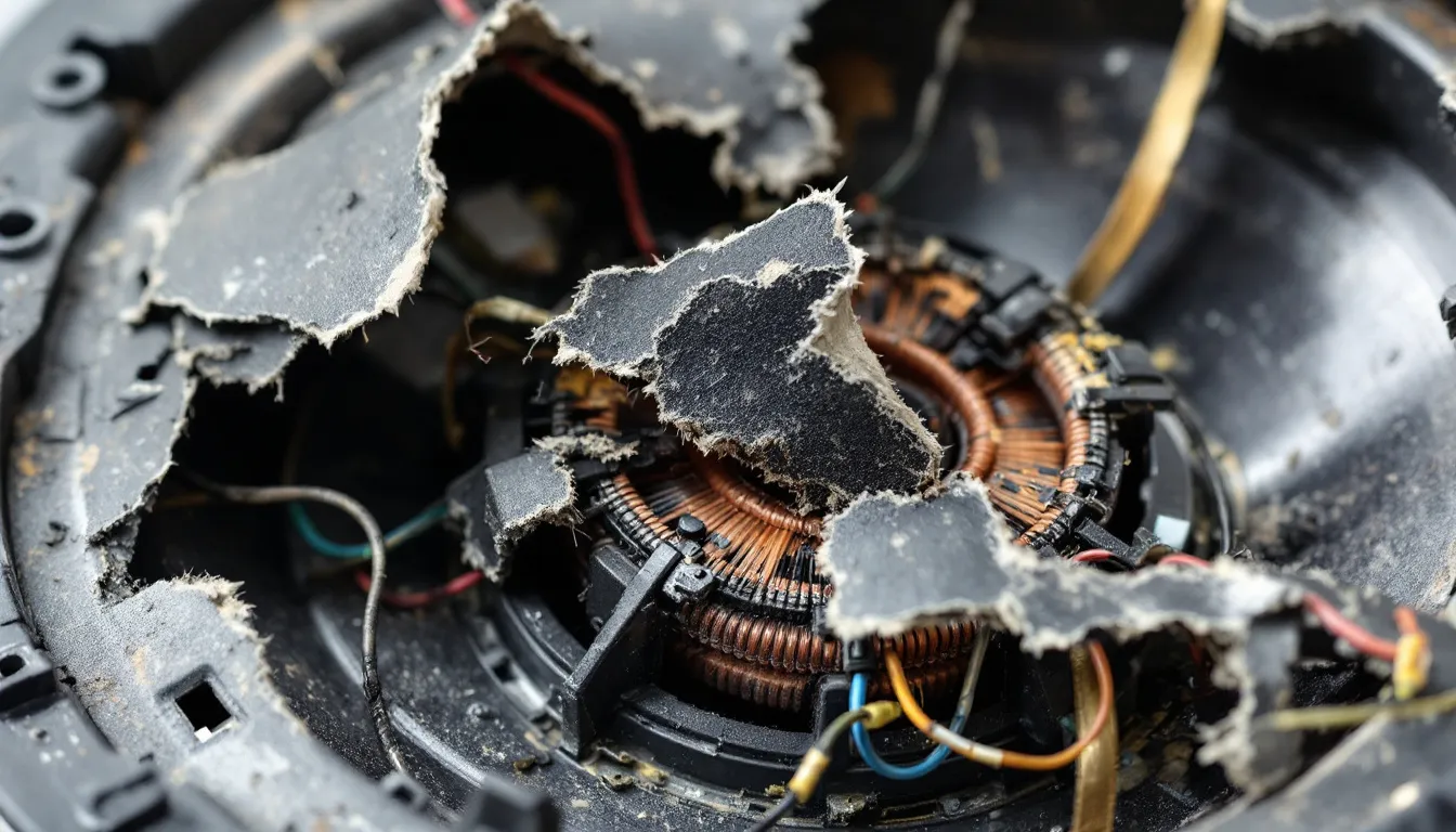 The image depicts the internal components of a damaged subwoofer, showcasing broken parts and wiring that could affect sound quality. This visual serves as a discussion starter for enthusiasts interested in car audio brands like Planet Audio and Zed Audio.
