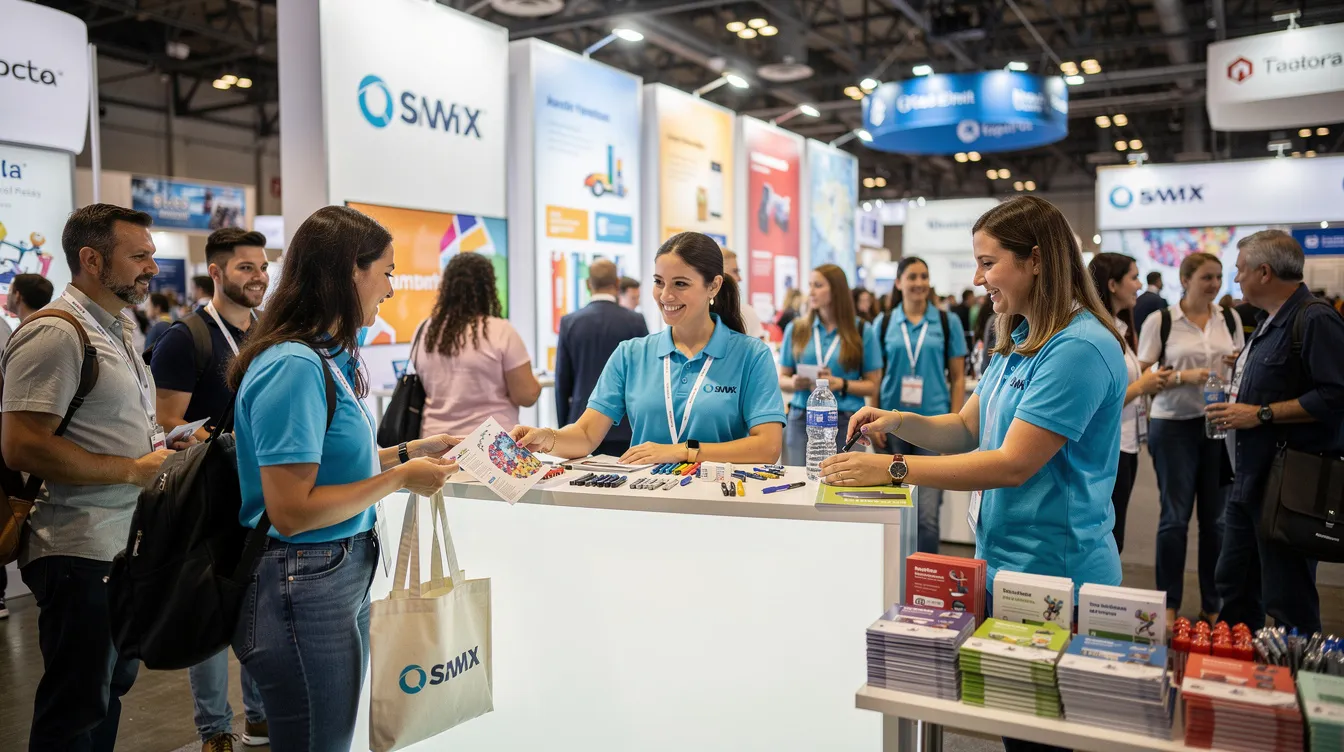 Na zdjęciu widać ruchliwe stoisko targowe, gdzie odwiedzający odbierają różnorodne gadżety promocyjne z logo firmy. W tle widać tłum ludzi zainteresowanych nietypowymi gadżetami reklamowymi, takimi jak długopisy, kubki i breloki, które przyciągają uwagę klientów.