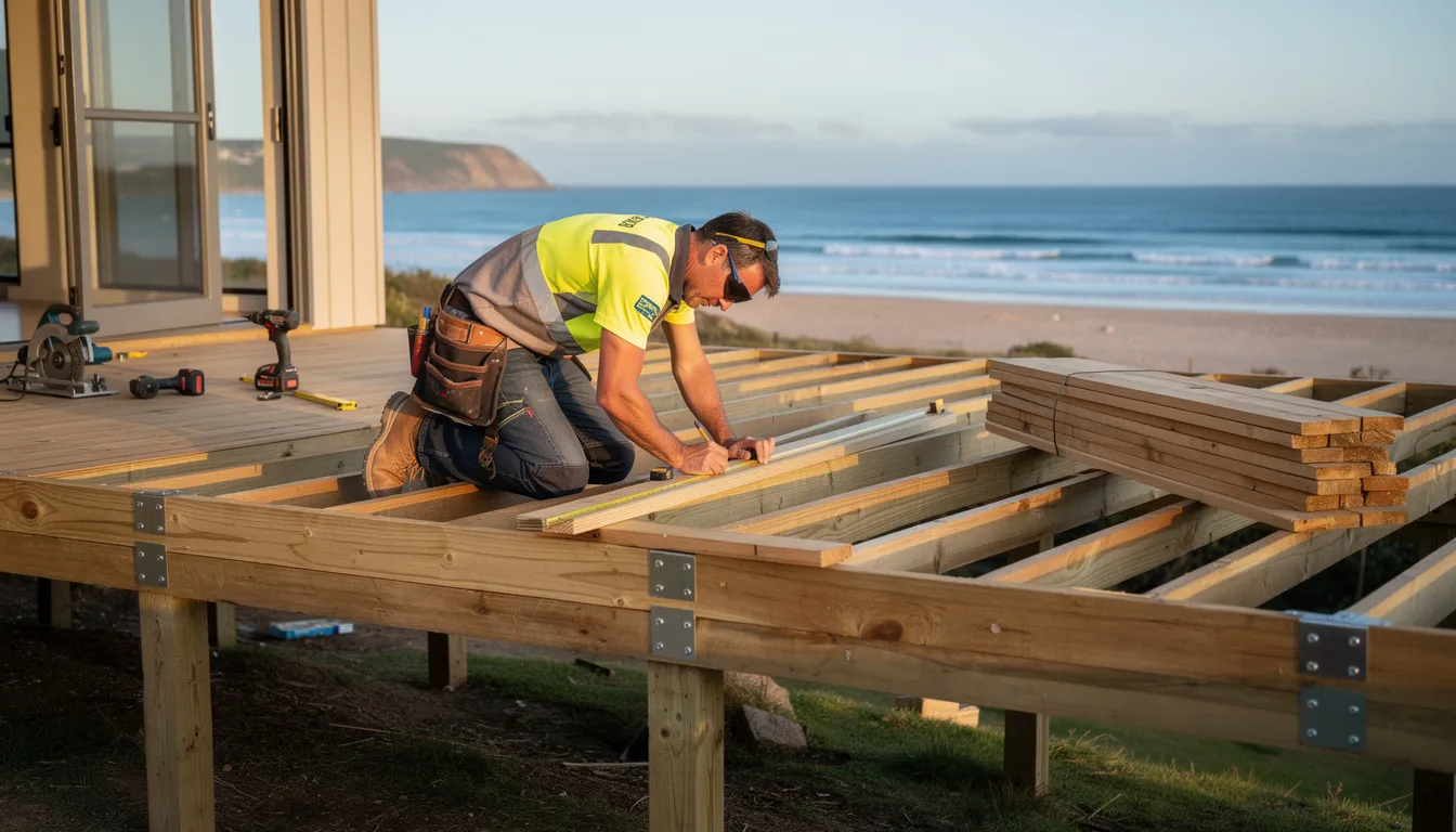 A professional deck builder is constructing an elevated timber deck frame, showcasing the natural beauty of coastal views in the background. The frame is being built with premium materials, ensuring durability and minimal maintenance for outdoor spaces in New Zealand's climate.