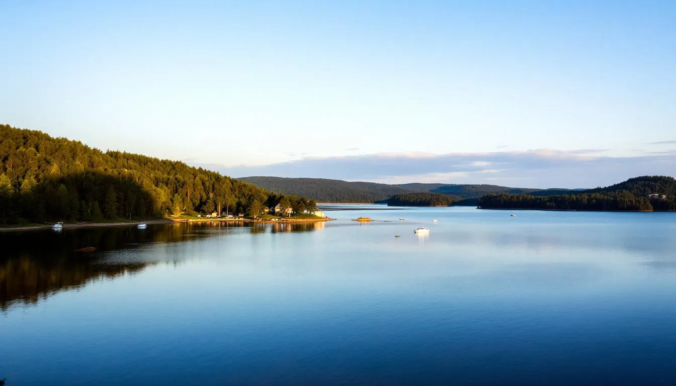 The image depicts a serene view of Lake of the Ozarks, showcasing its calm waters surrounded by lush greenery and rolling hills, ideal for families and individuals seeking relaxation and outdoor activities. This picturesque landscape reflects the beauty of the Ozarks area, a perfect backdrop for those considering various insurance options to protect their homes, boats, and businesses.