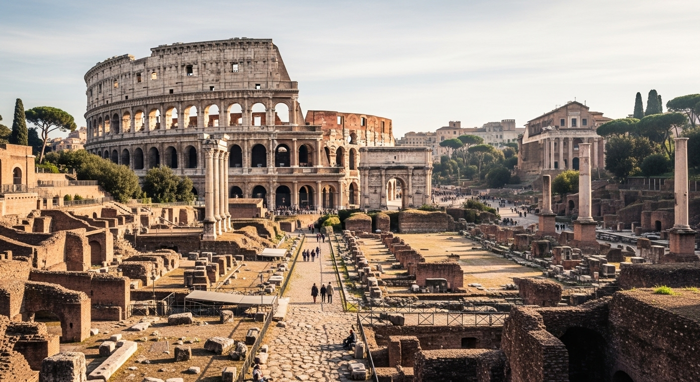 The Colosseum and Roman Forum seen in soft morning light, with ancient ruins in the foreground and Rome’s historic hills rising behind them.
