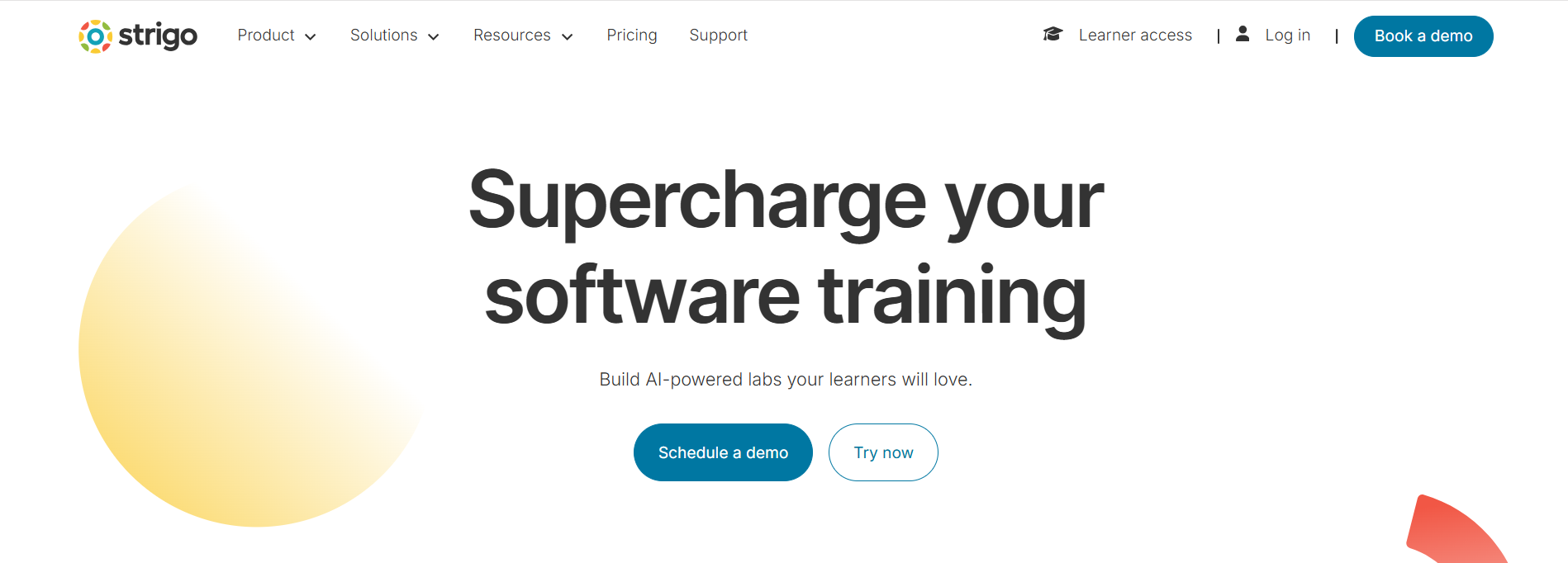 Strigo homepage promoting AI-powered virtual labs for software training, technical onboarding, and interactive remote learning.