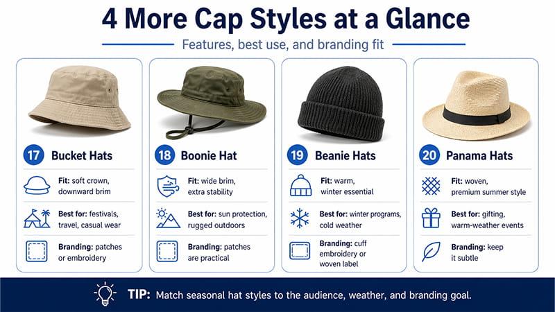 cap styles infographic showing bucket hats boonie hat beanie hats and panama hats with fit best use and branding notes