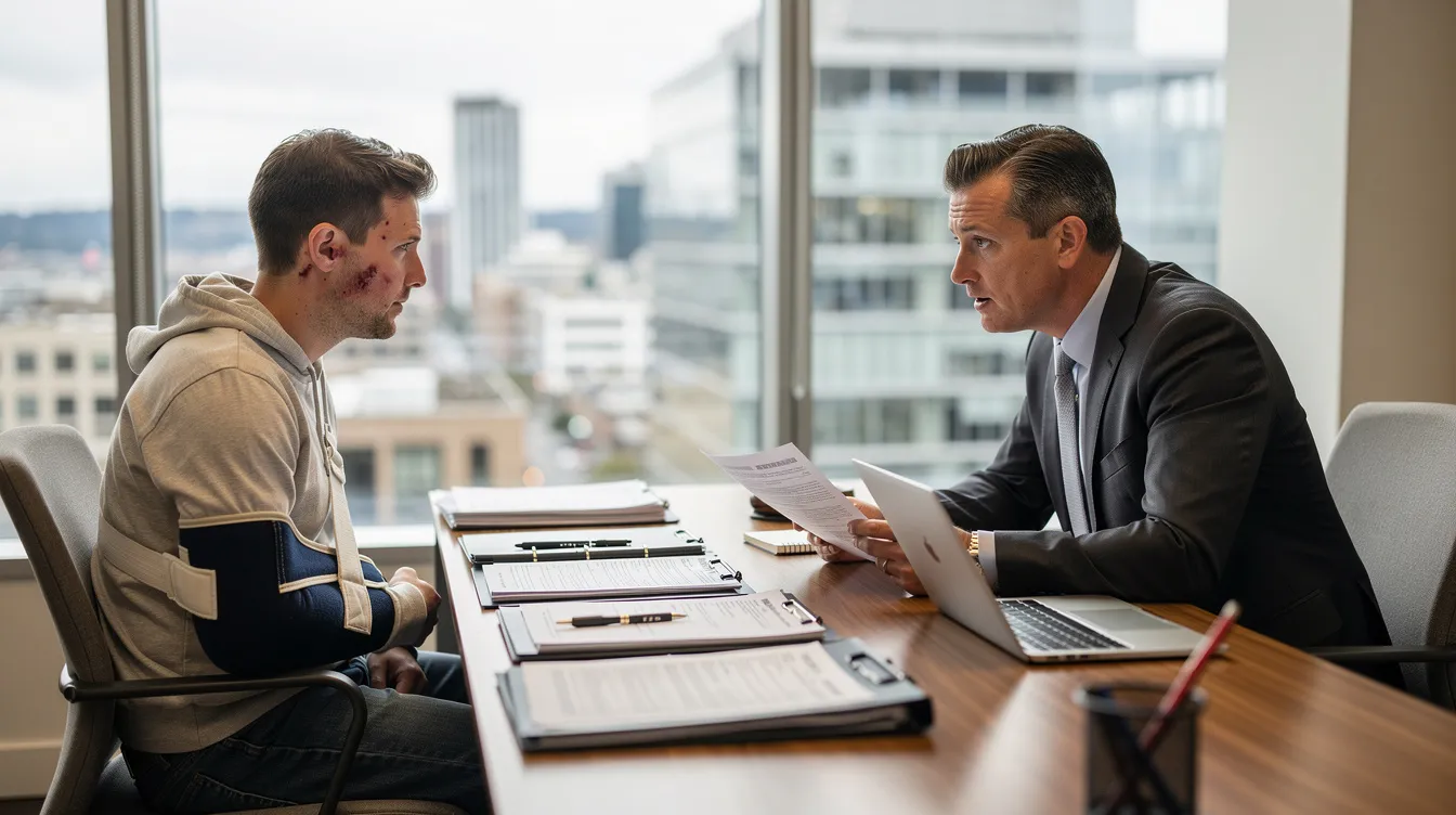 In a modern Seattle office, an injured cyclist with an arm in a sling and visible facial bruising consults with a professional personal injury lawyer, both focused on reviewing bicycle accident documents. The scene captures their authentic expressions of concern and trust, emphasizing the importance of legal guidance for recovering compensation after a serious bike accident.